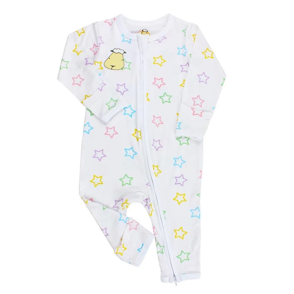 Baa Baa Sheepz Zip Long Sleeve Romper - White Colourful Star