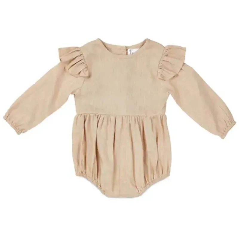 Babe Basics - Flutter Sleeve Linen Baby Romper, Oatmeal