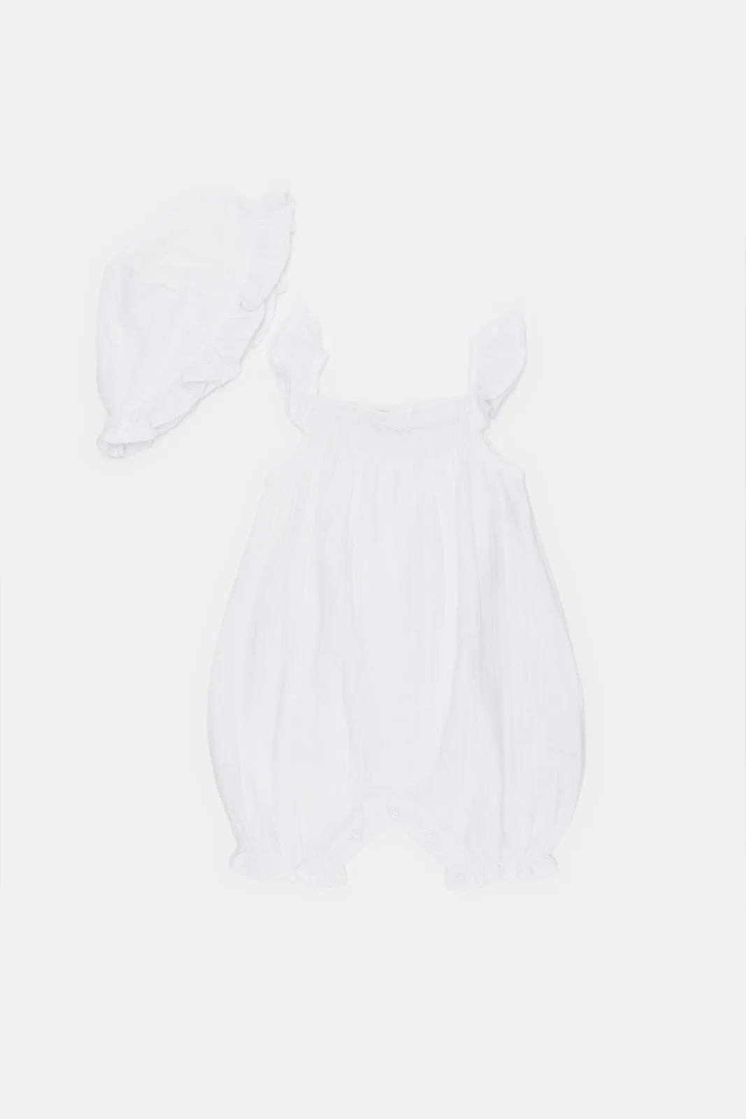 Babies White Ruched Plain Romper Set (2 Piece)