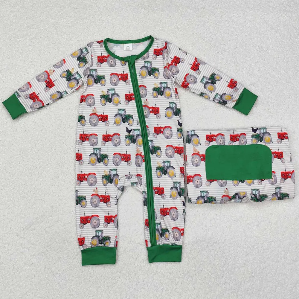 Baby Infant Boys Rompers Farm Tractors Zip Long Sleeve Rompers LR1480