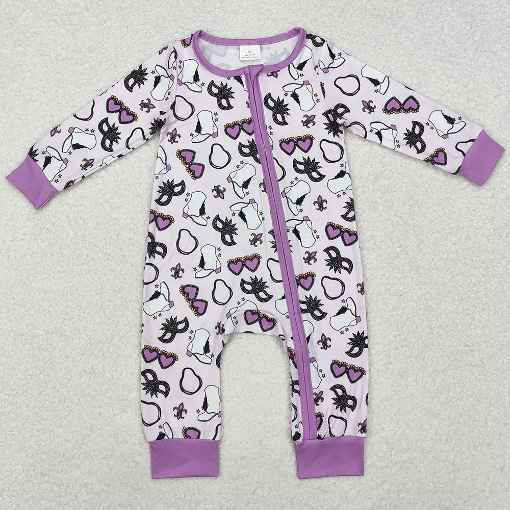 Baby Infant Girls Rompers Purple Mardi Gras Zip Long Sleeve Rompers LR2038