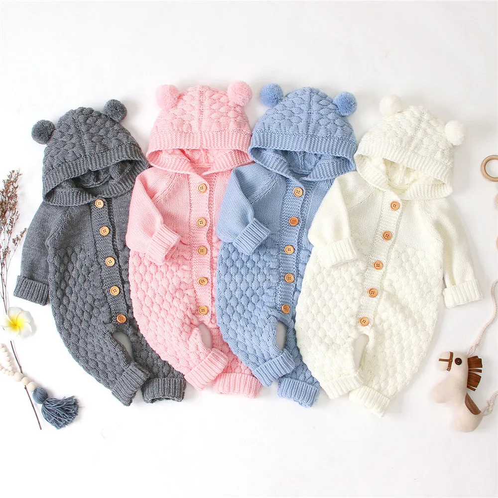 Baby Knitted Solid Long Sleeve Sweaters Hooded Romper