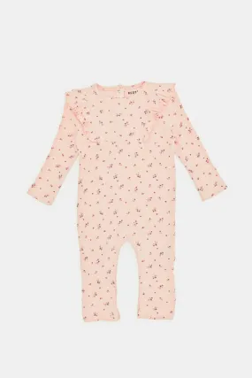 Baby Pink Printed Textured Fleece Romper