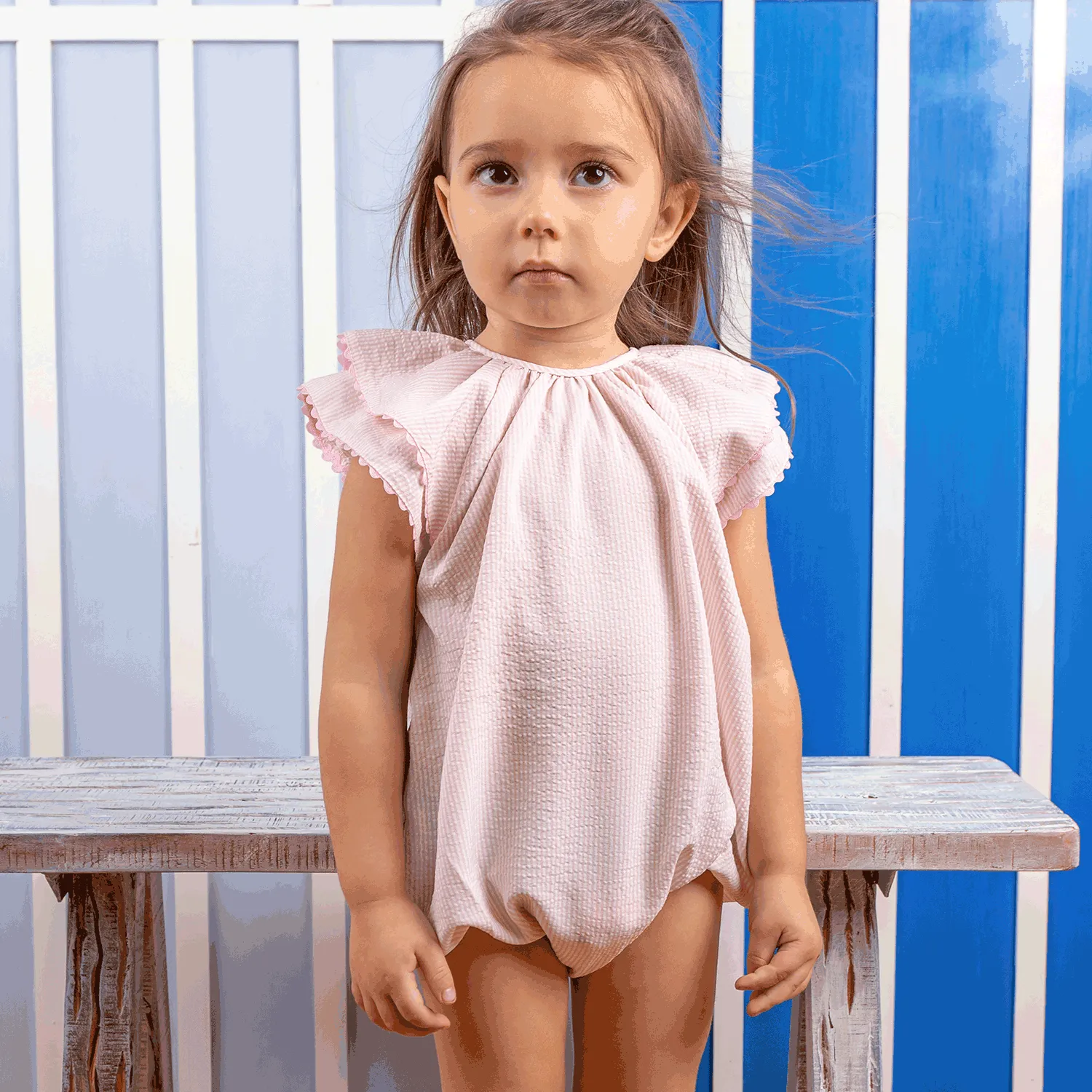 Belati Light Blue Seersucker Girls Romper (BBB550)