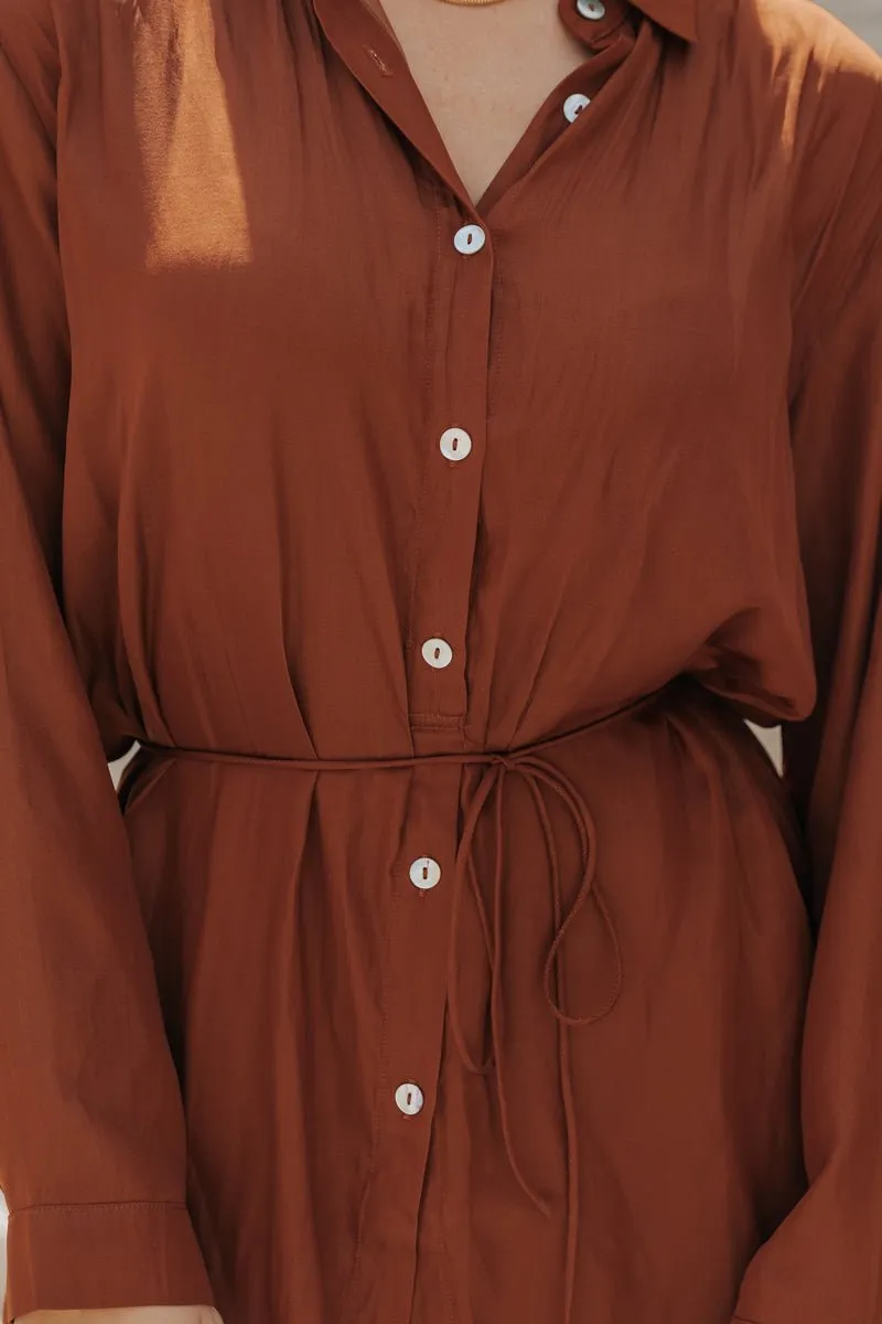 Belted Button Down Satin Romper - Brown - FINAL SALE