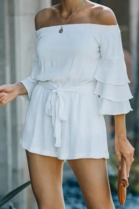 Belted Off-Shoulder Layered Sleeve Romper