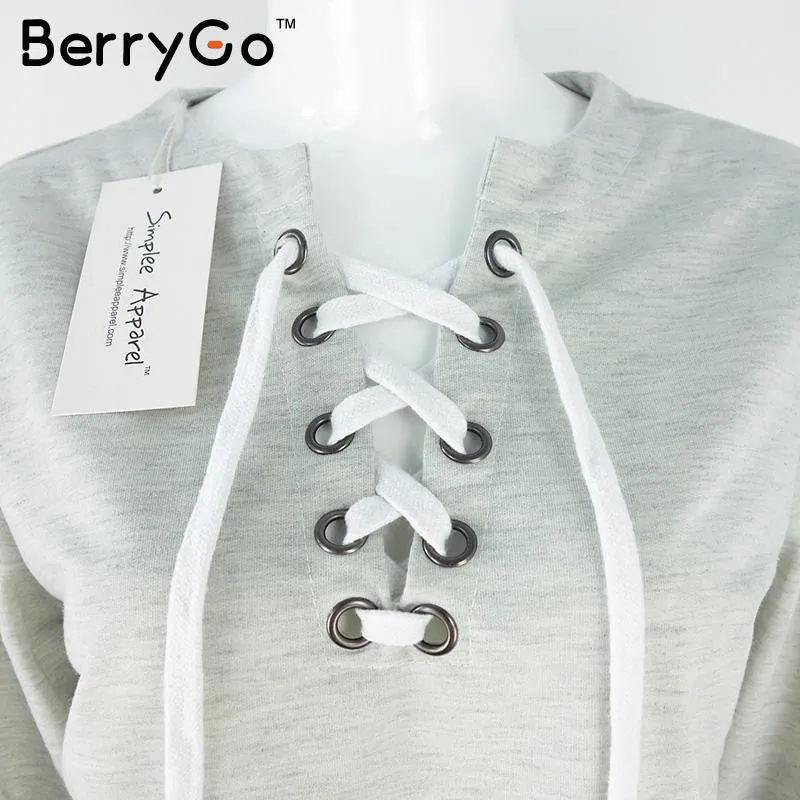 BerryGo Gray lace up ladies sweatshirt women Autumn crop top long sleeve girl v neck hoodies sweatshirt warm casual female tops