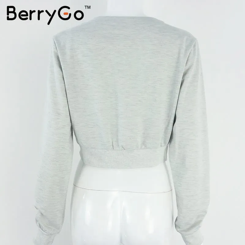 BerryGo Gray lace up ladies sweatshirt women Autumn crop top long sleeve girl v neck hoodies sweatshirt warm casual female tops