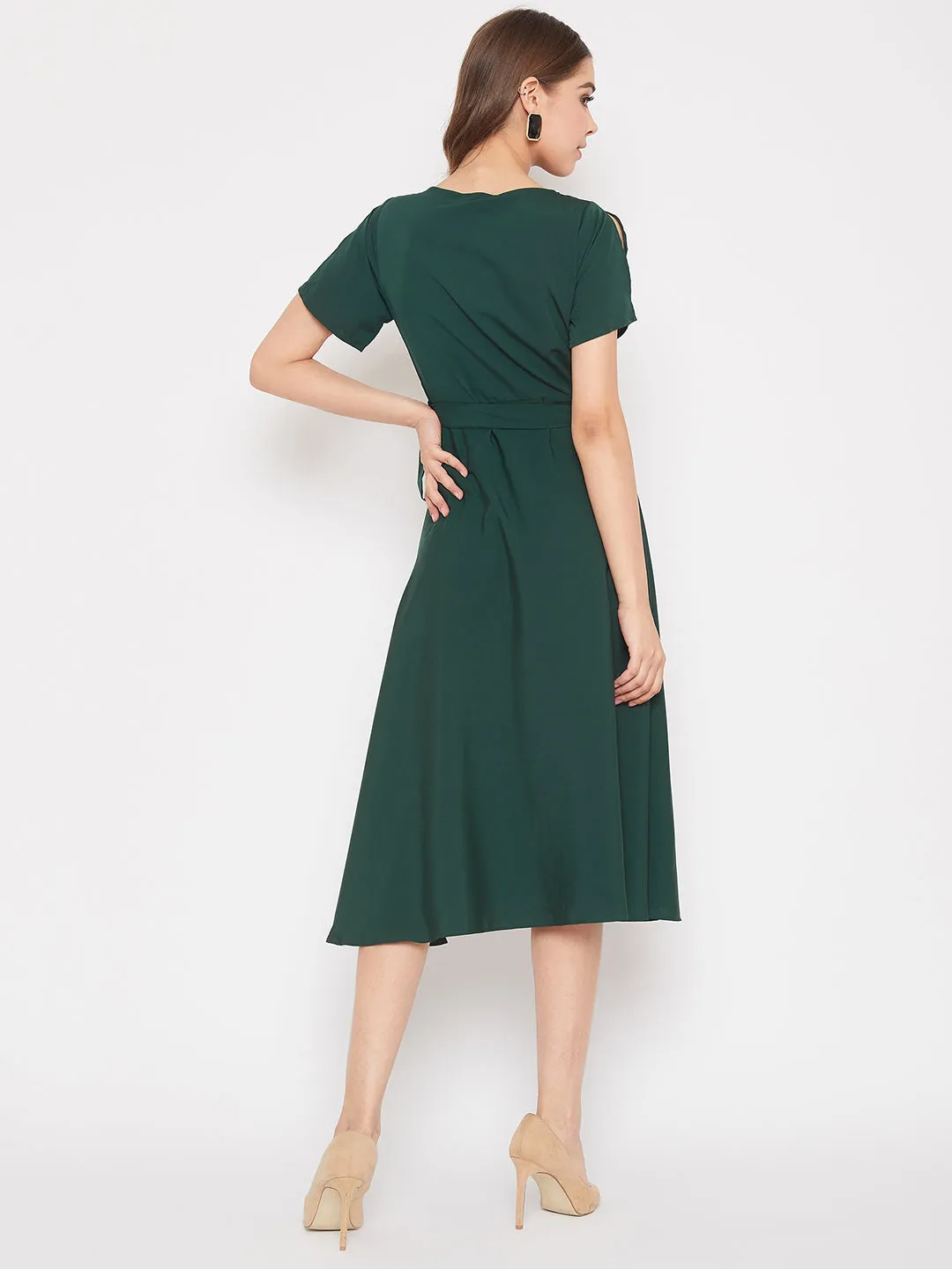 Berrylush Women Solid Green V-Neck Flared Wrap A-Line Midi Dress