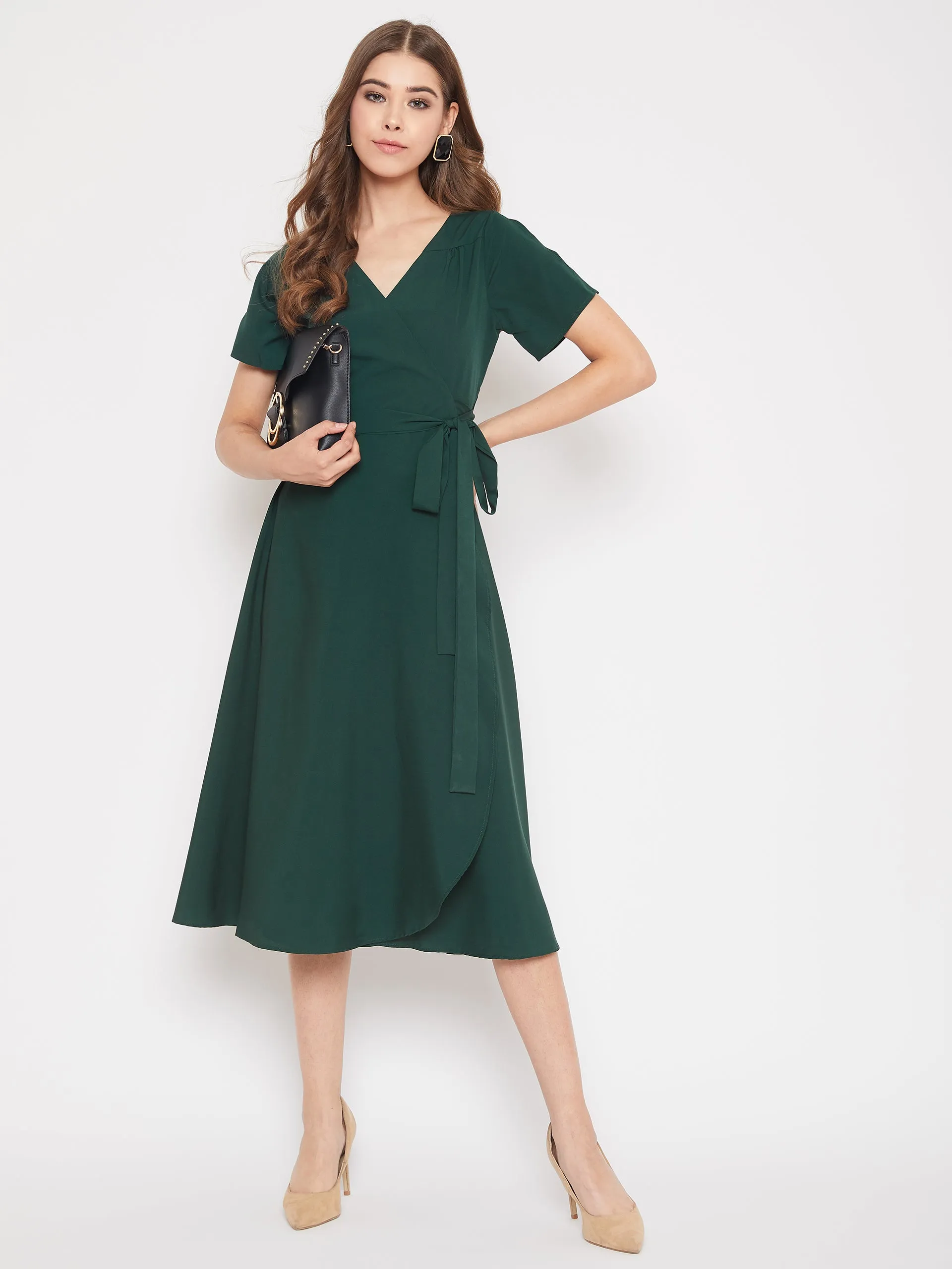 Berrylush Women Solid Green V-Neck Flared Wrap A-Line Midi Dress