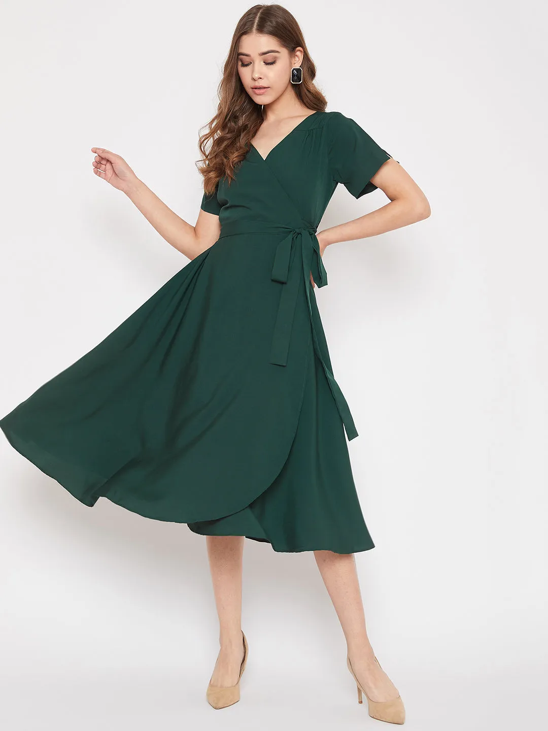 Berrylush Women Solid Green V-Neck Flared Wrap A-Line Midi Dress