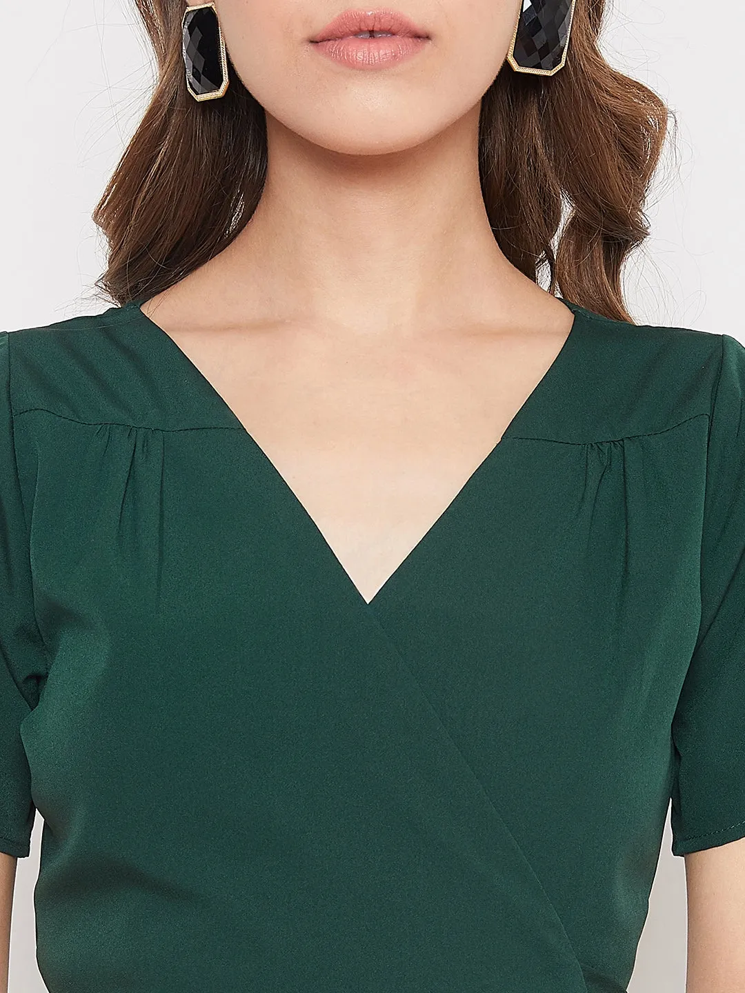 Berrylush Women Solid Green V-Neck Flared Wrap A-Line Midi Dress