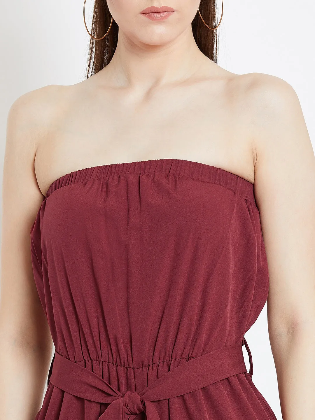 Berrylush Women Solid Maroon Off-Shoulder Waist Tie-Up Slited Jumpsuit