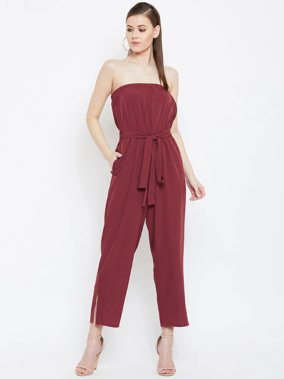 Berrylush Women Solid Maroon Off-Shoulder Waist Tie-Up Slited Jumpsuit