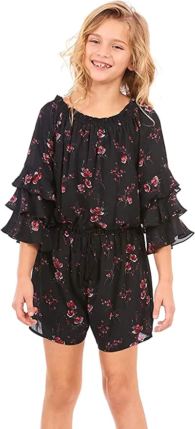 Big Girls Ruffle Sleeve Floral Print Romper