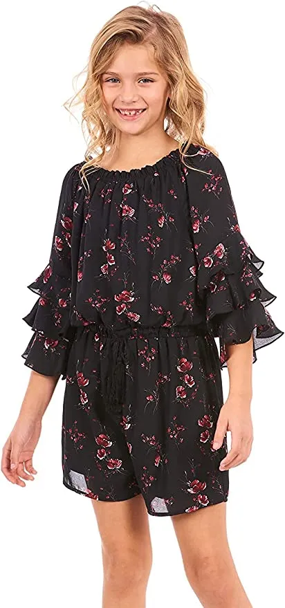 Big Girls Ruffle Sleeve Floral Print Romper