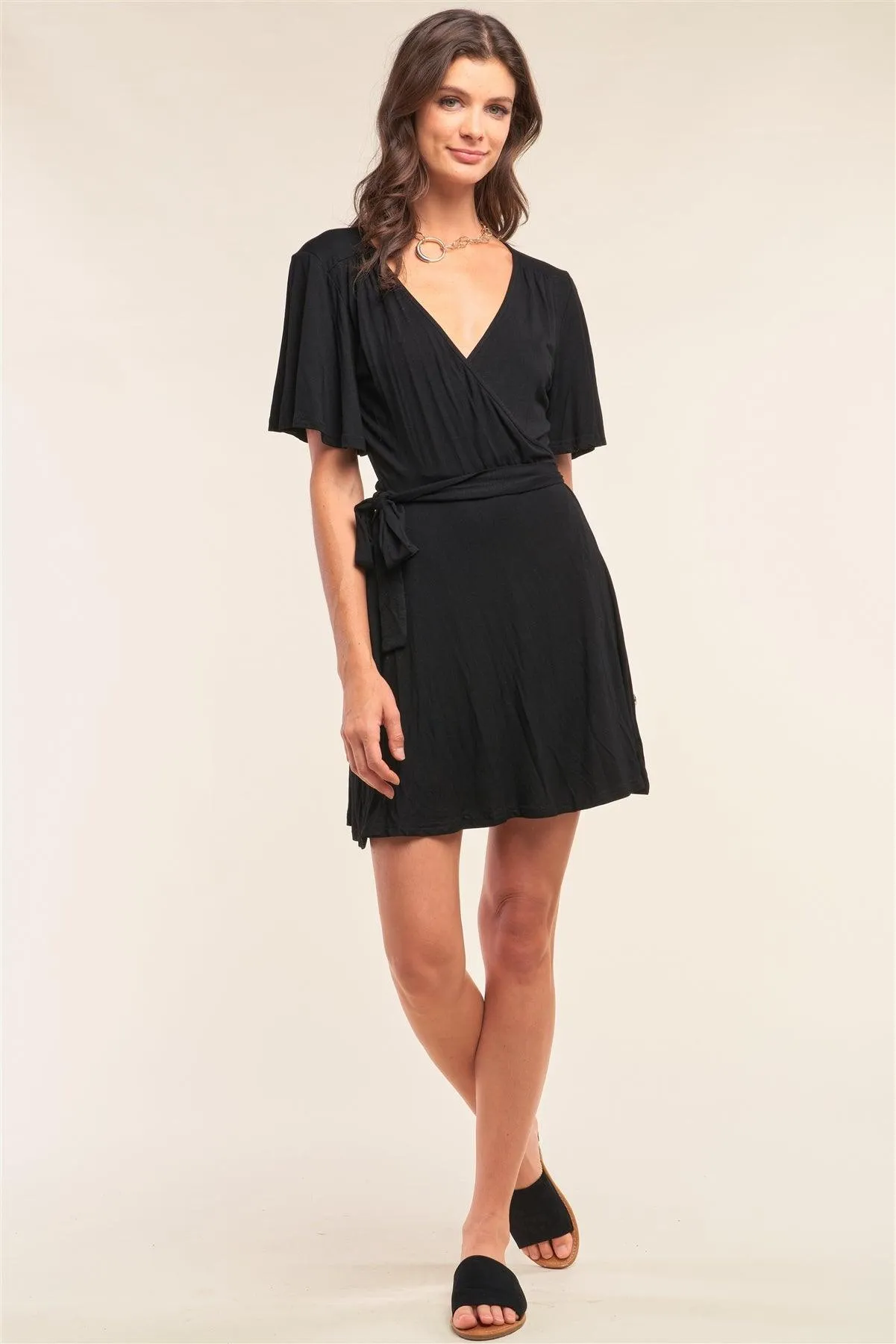 Black Deep Plunge V-Neck Self-Tie Wrap Flare Sleeve Mini Dress /1-2-2-1