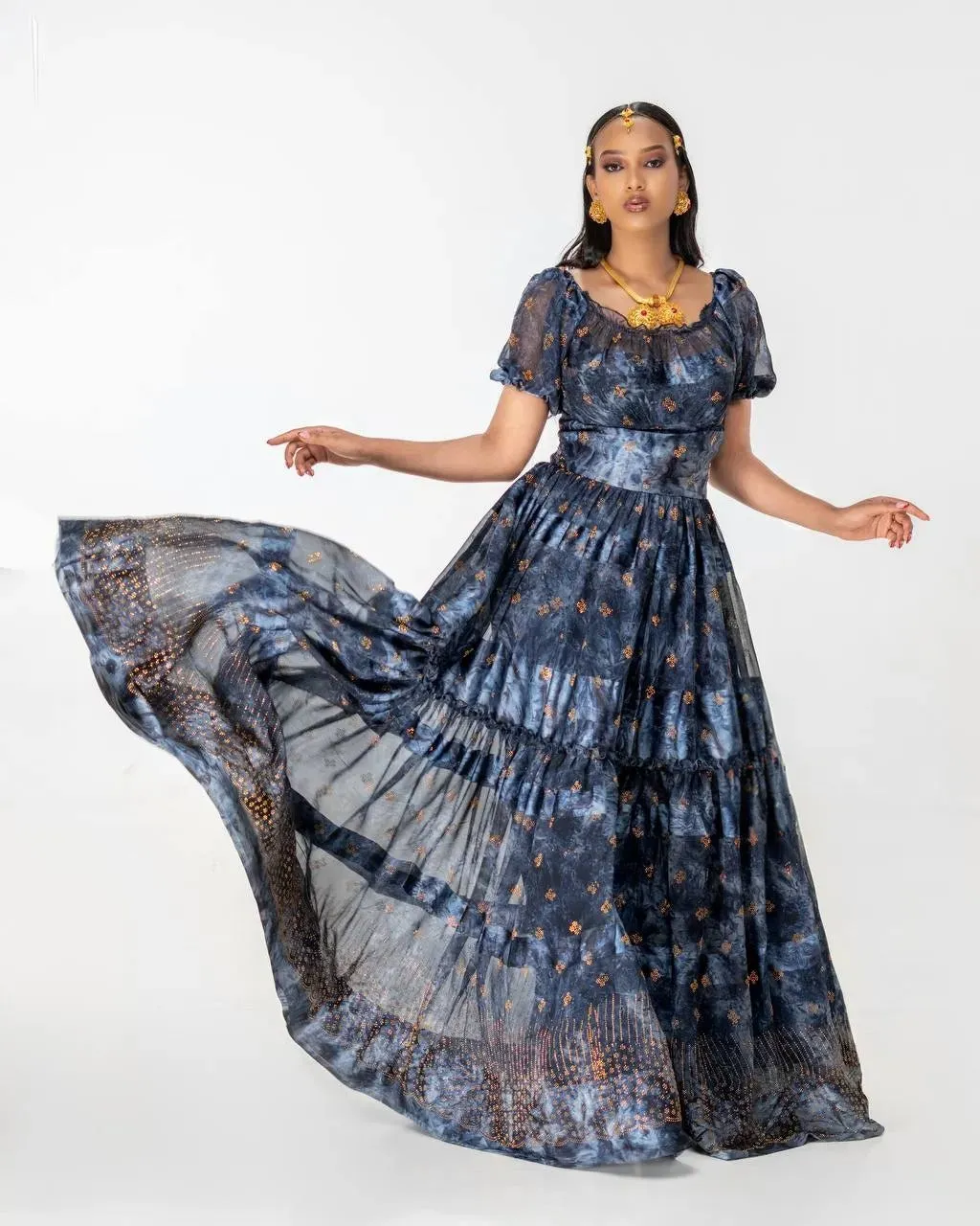 Black Excellence with Ethiopian Made Chiffon Dress: with Golden Adornments Habesha Chiffon Dress