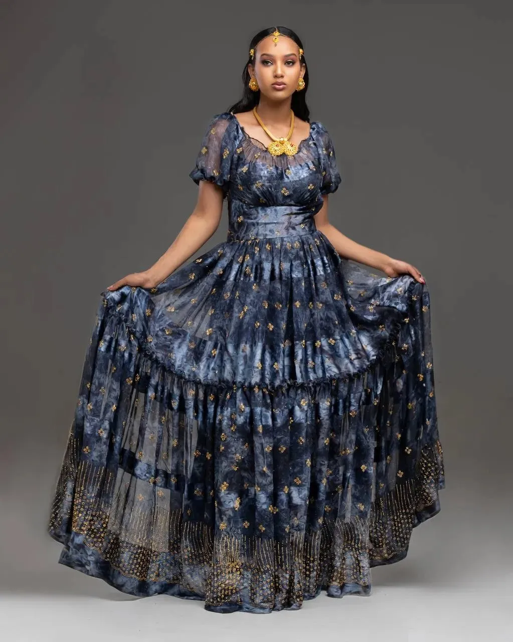 Black Excellence with Ethiopian Made Chiffon Dress: with Golden Adornments Habesha Chiffon Dress