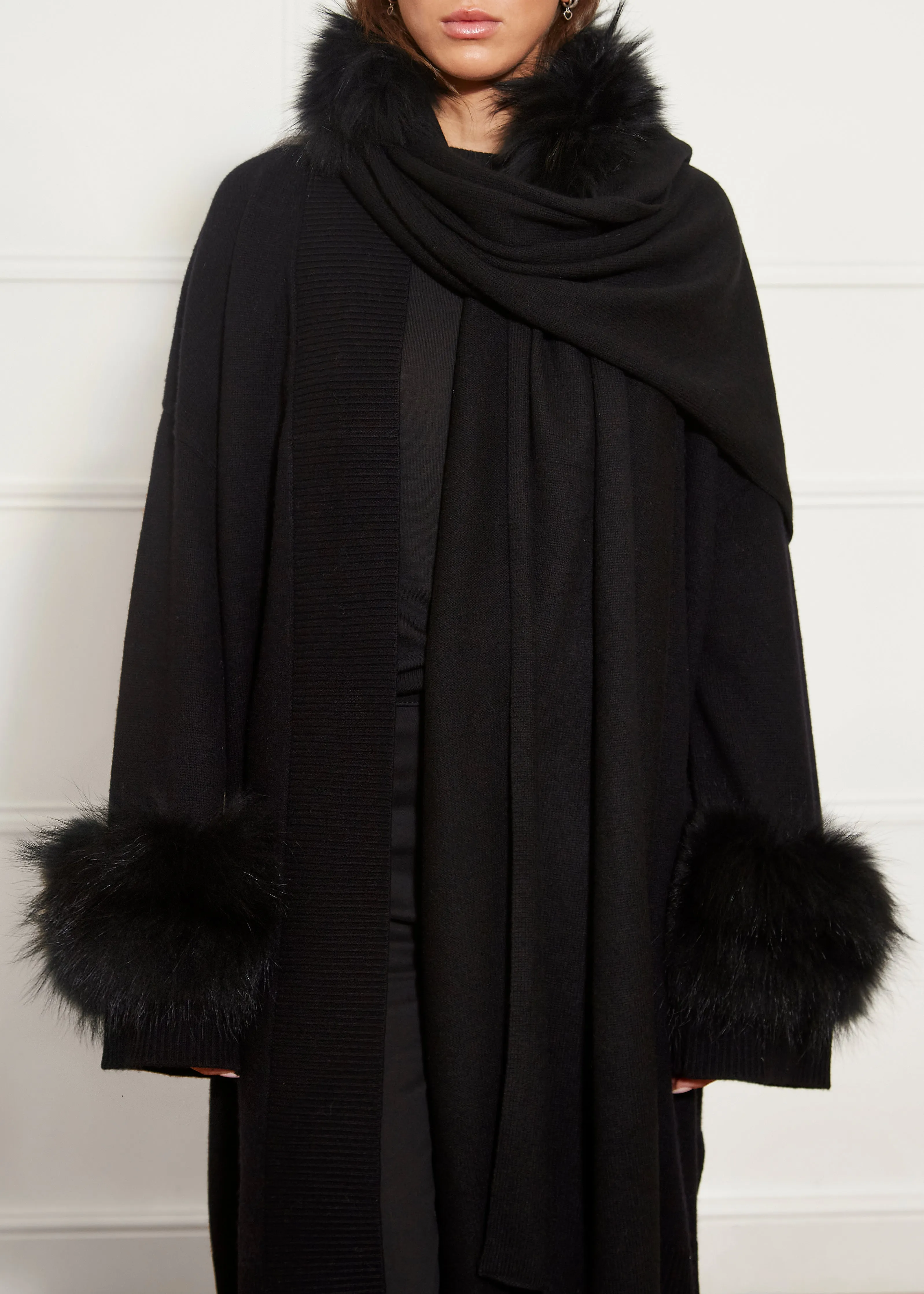 Black Fur Trim Cashmere Blend Cardigan