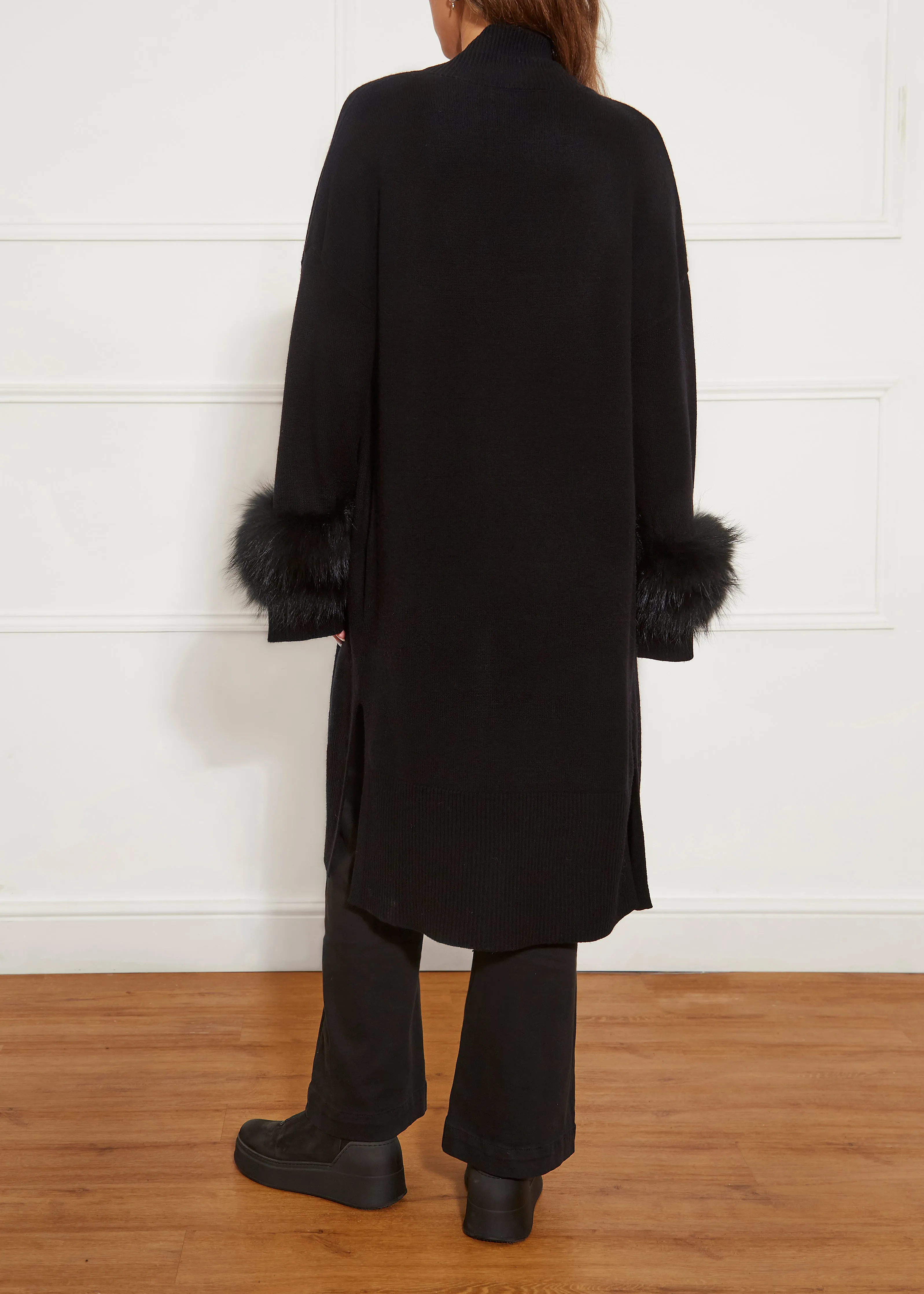 Black Fur Trim Cashmere Blend Cardigan