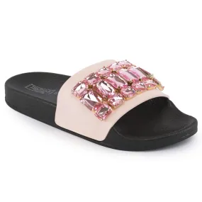 Black Pink Embellished Flat Sliders