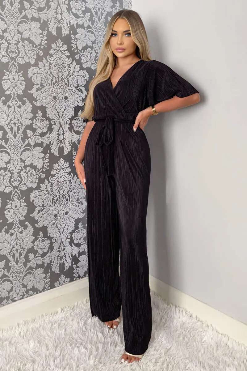 Black Plisse Wrap Top Jumpsuit