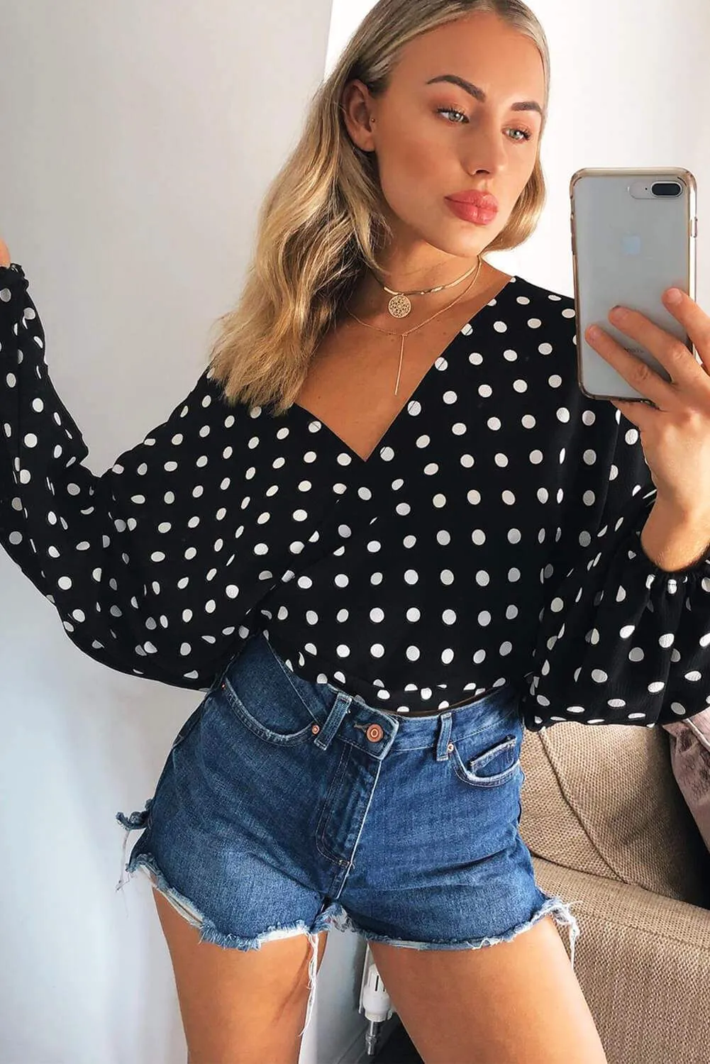 Black Polka Dot Wrap Top