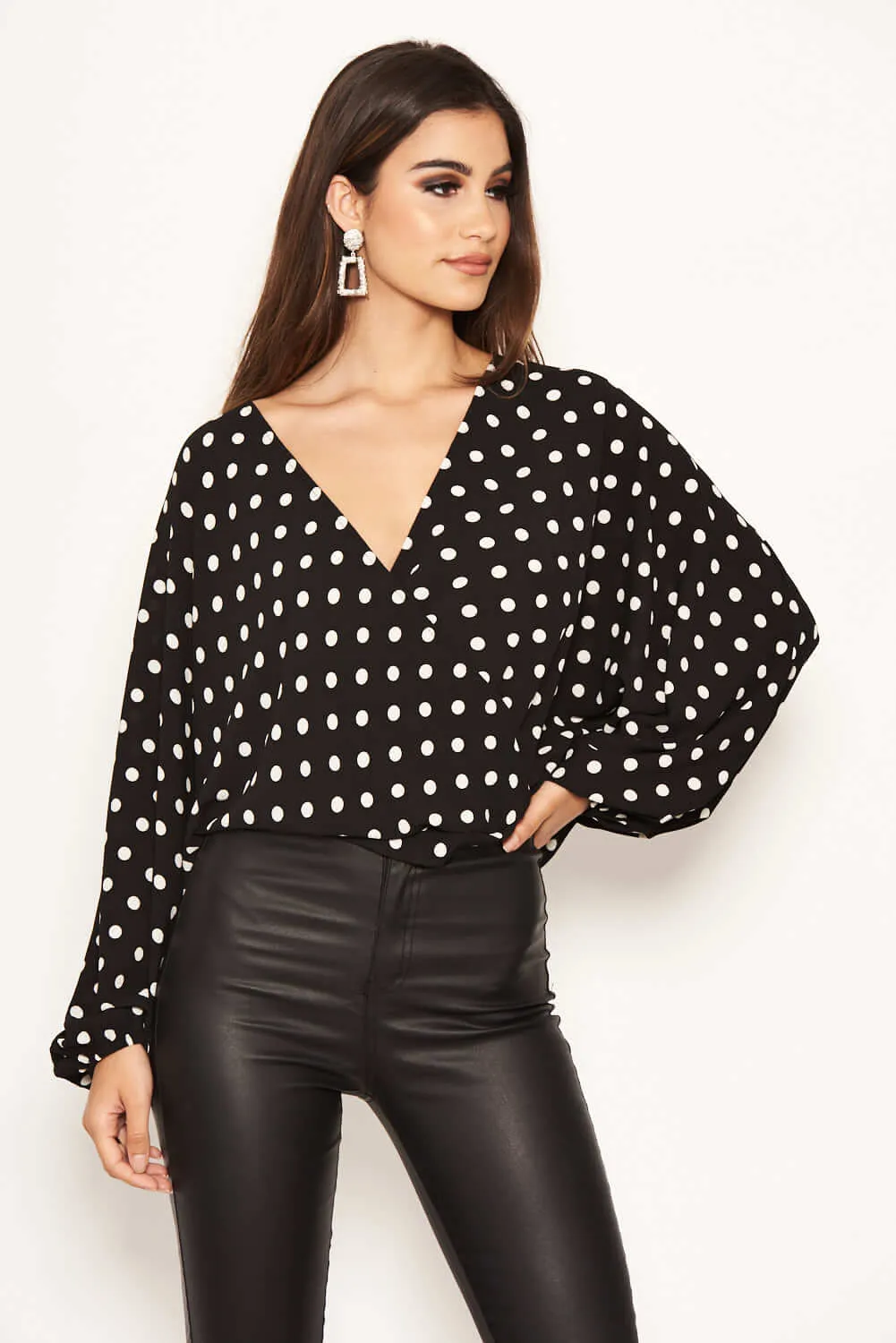 Black Polka Dot Wrap Top