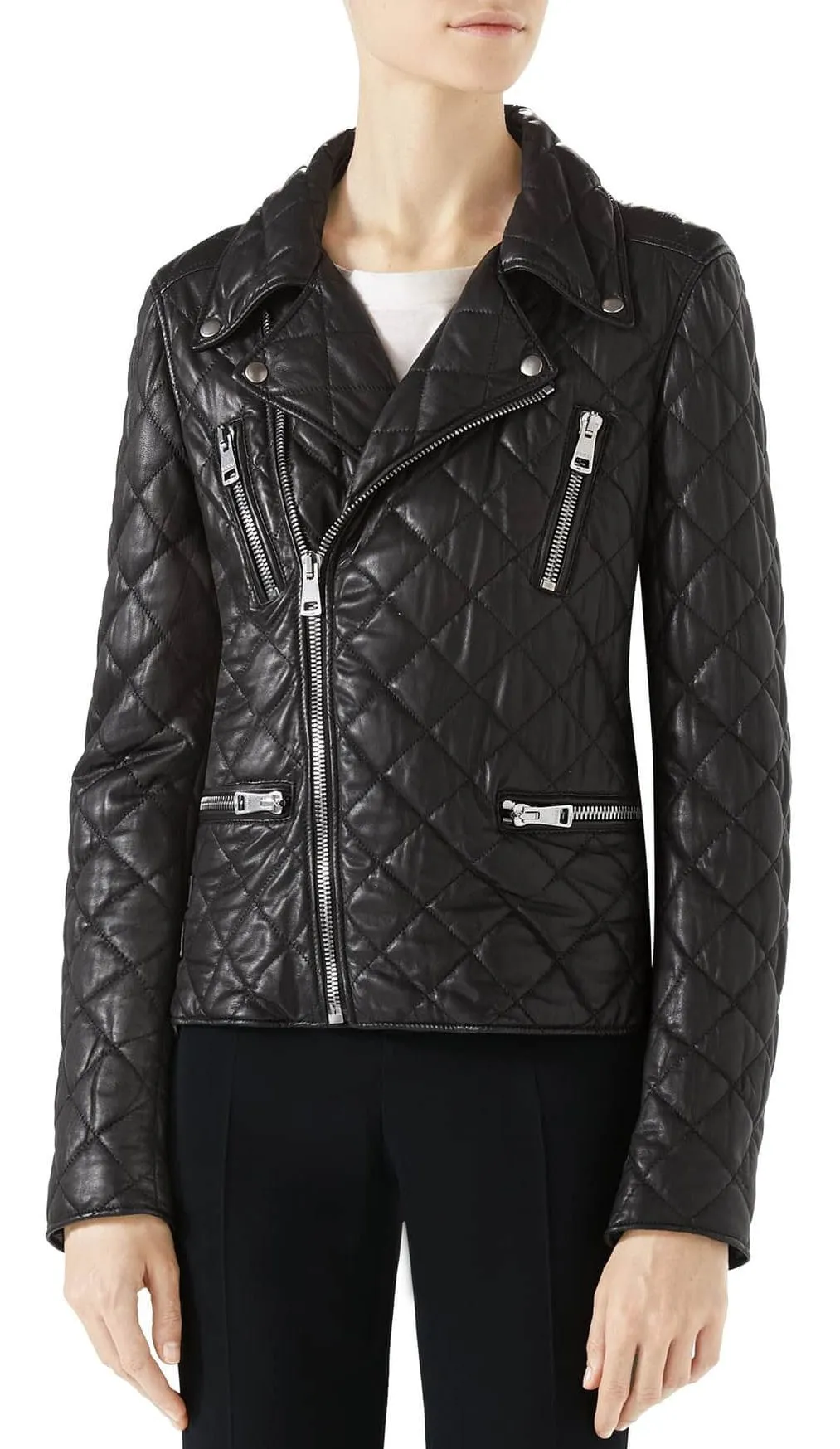 Black Quilted Leather Embellished Biker Jacket