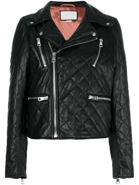 Black Quilted Leather Embellished Biker Jacket