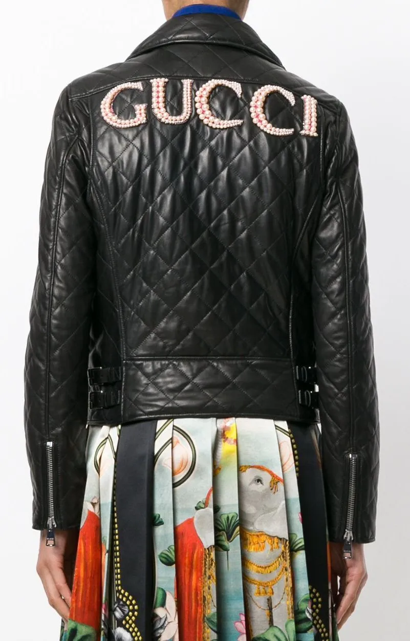 Black Quilted Leather Embellished Biker Jacket