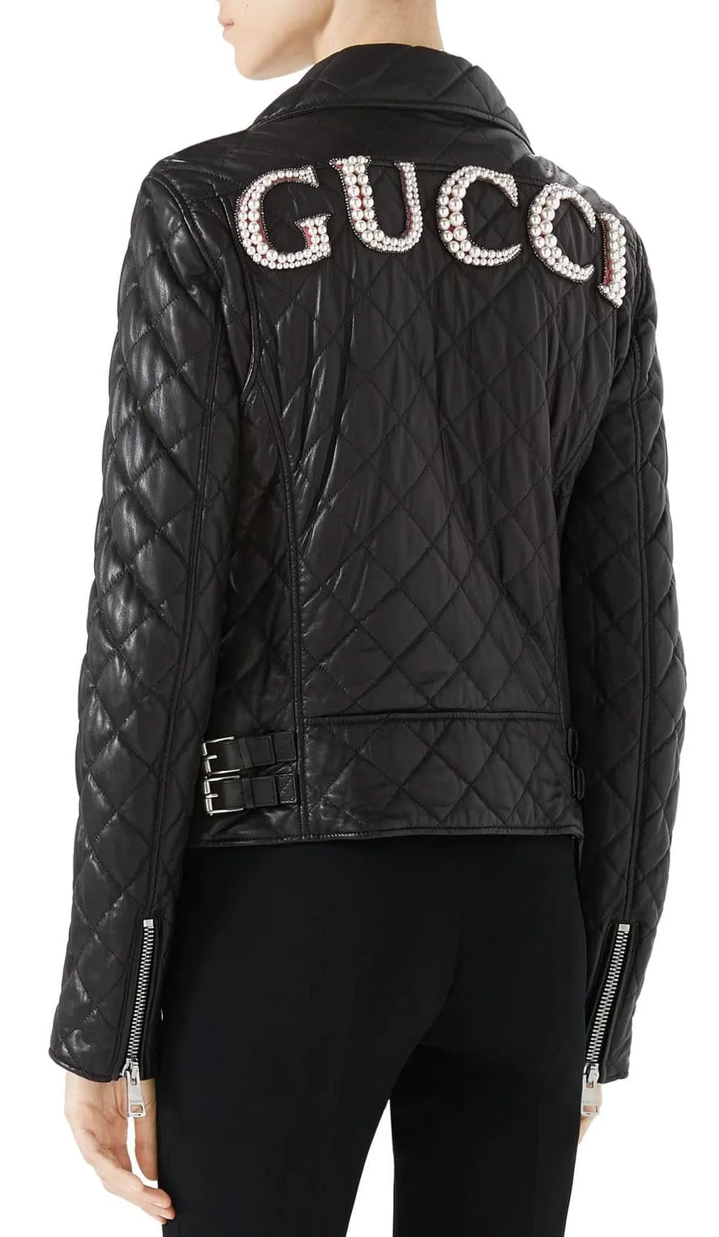 Black Quilted Leather Embellished Biker Jacket