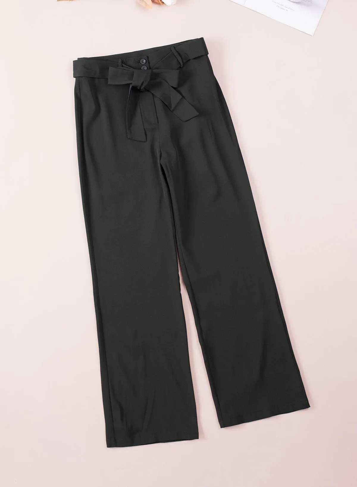 Black Tie-Front High Waist Flared Pants with Flare Leg