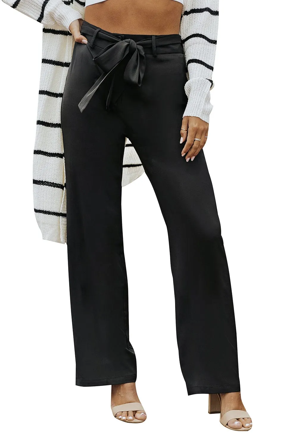 Black Tie-Front High Waist Flared Pants with Flare Leg