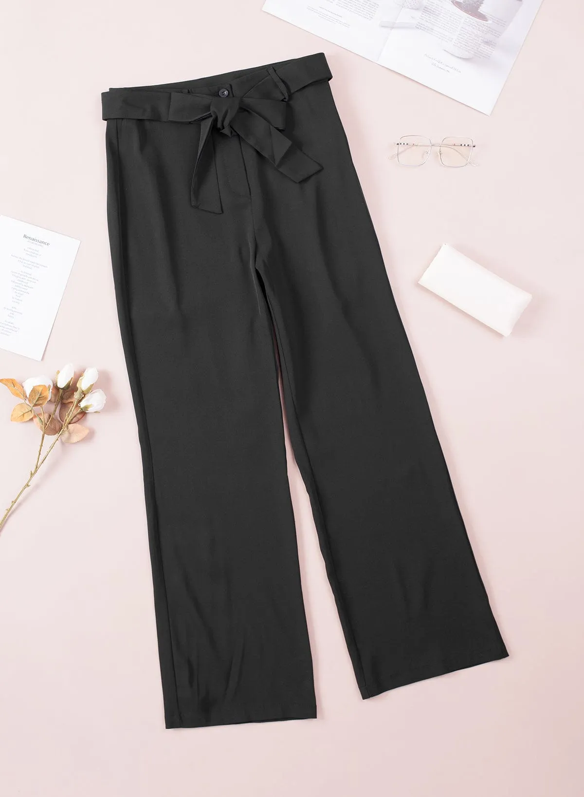 Black Tie-Front High Waist Flared Pants with Flare Leg