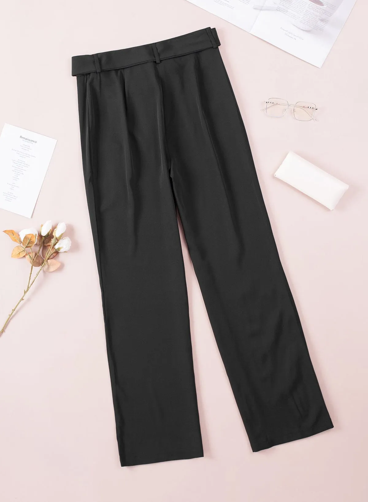 Black Tie-Front High Waist Flared Pants with Flare Leg