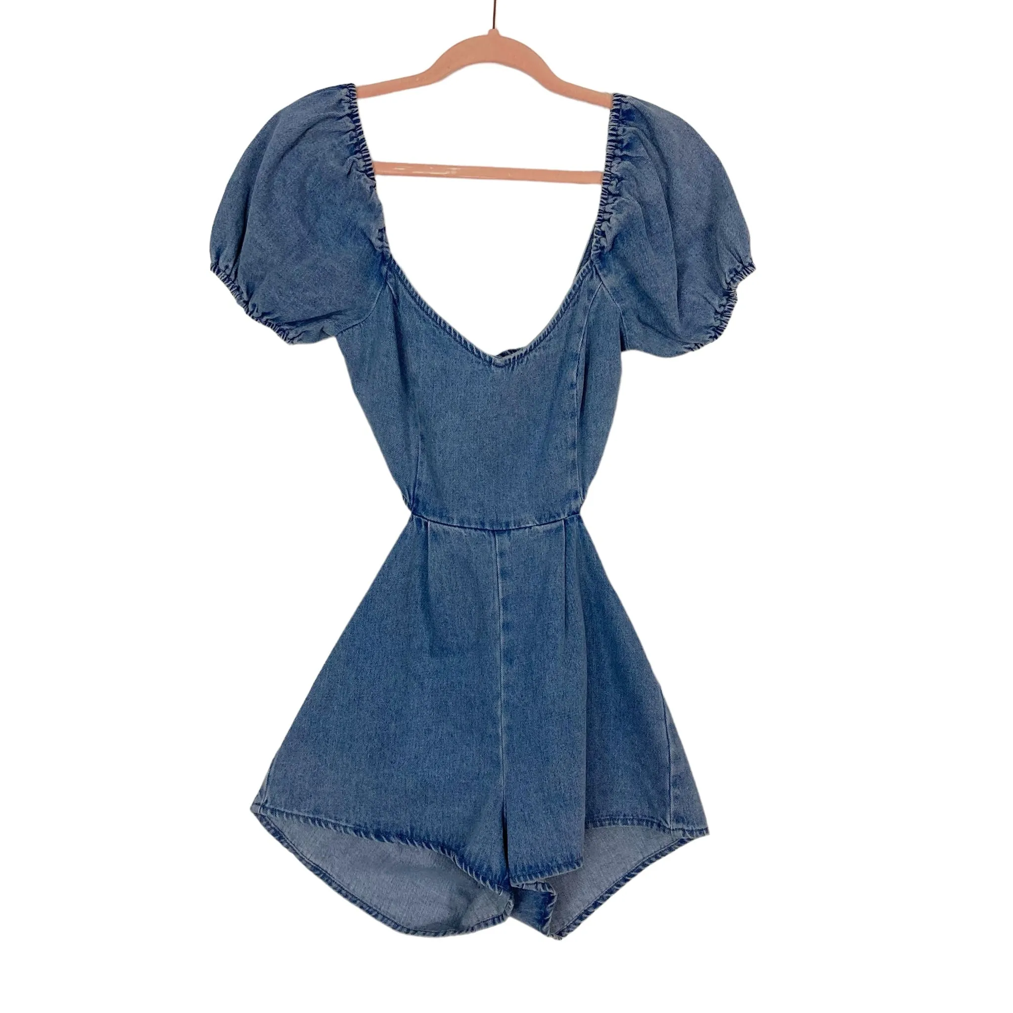 Blue Blush Denim Exposed Back Romper- Size S