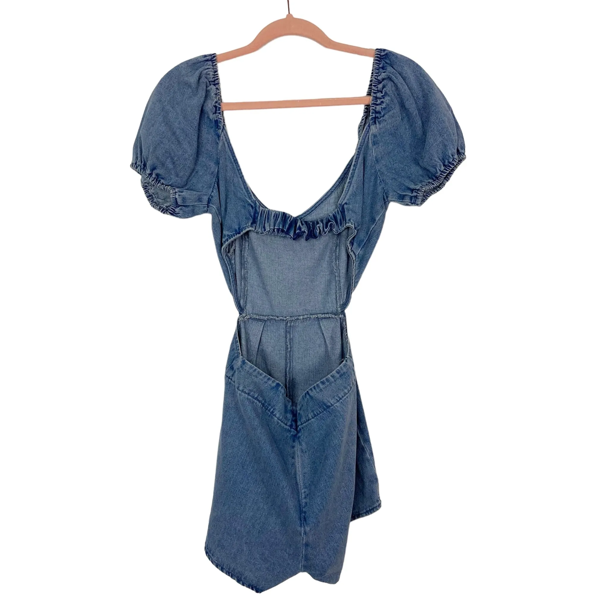 Blue Blush Denim Exposed Back Romper- Size S