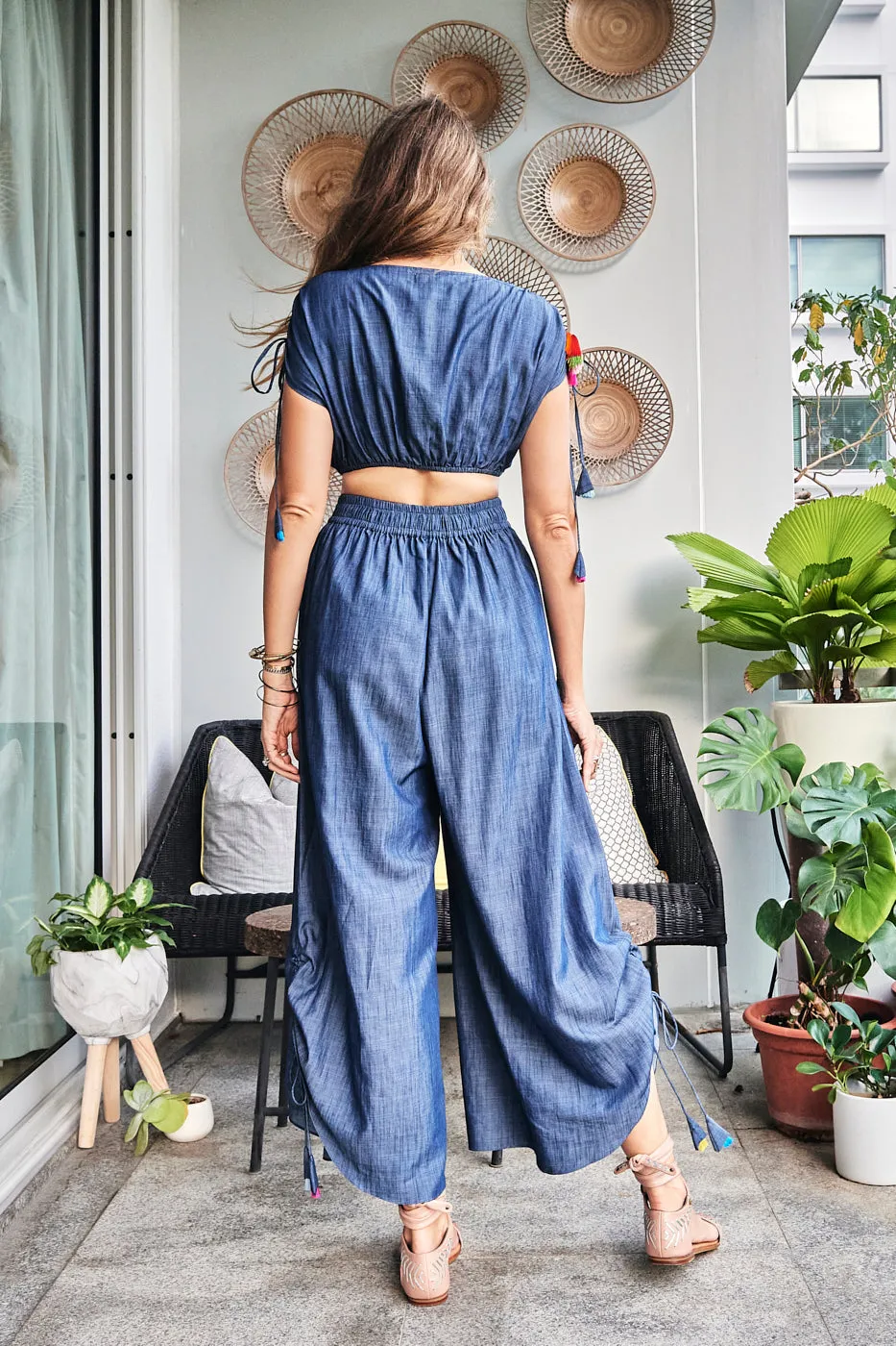 Blue Denim Mirror Embroidered Pants