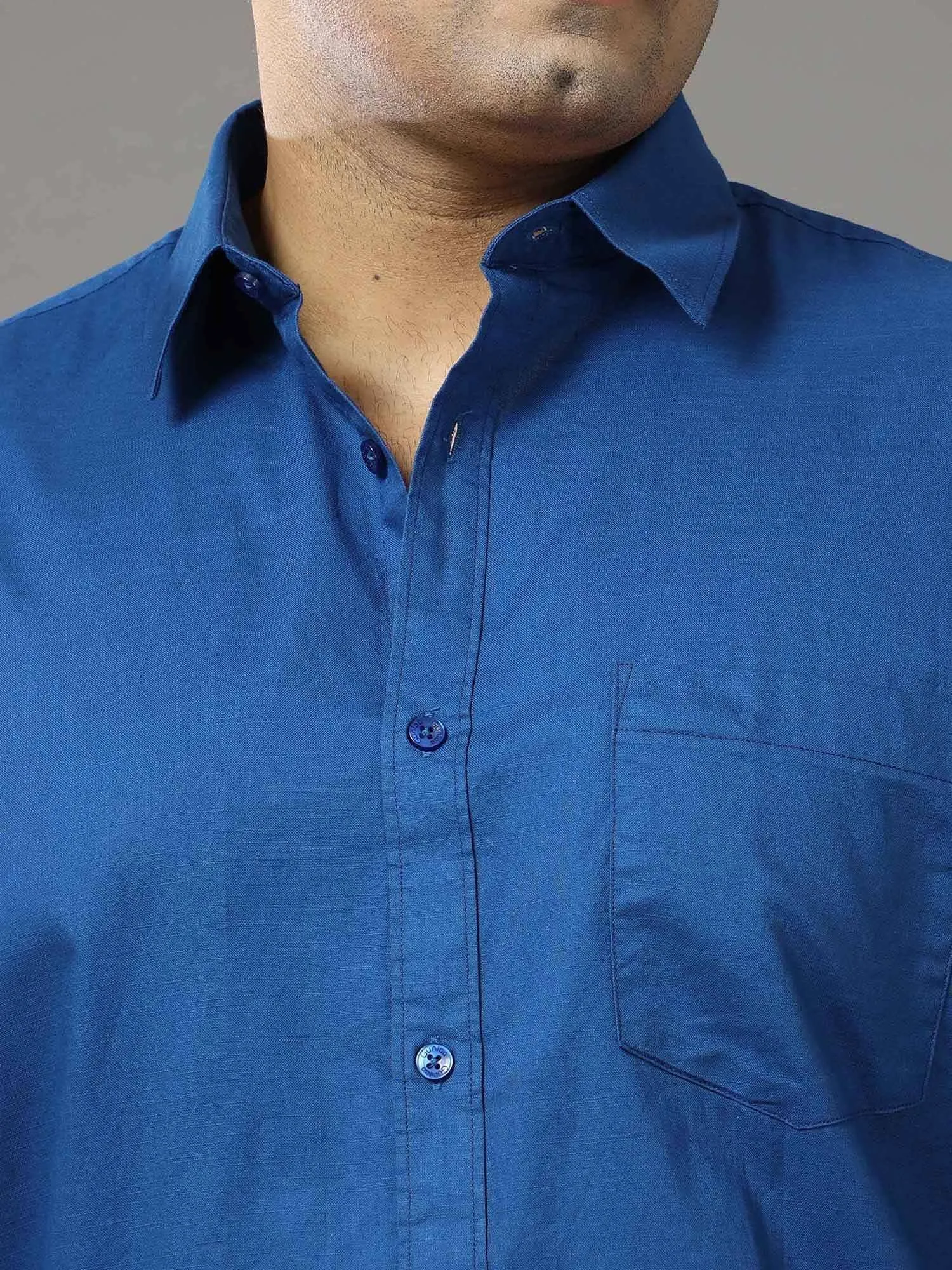 Blue Solid Pure Cotton Shirt Men's Plus Size