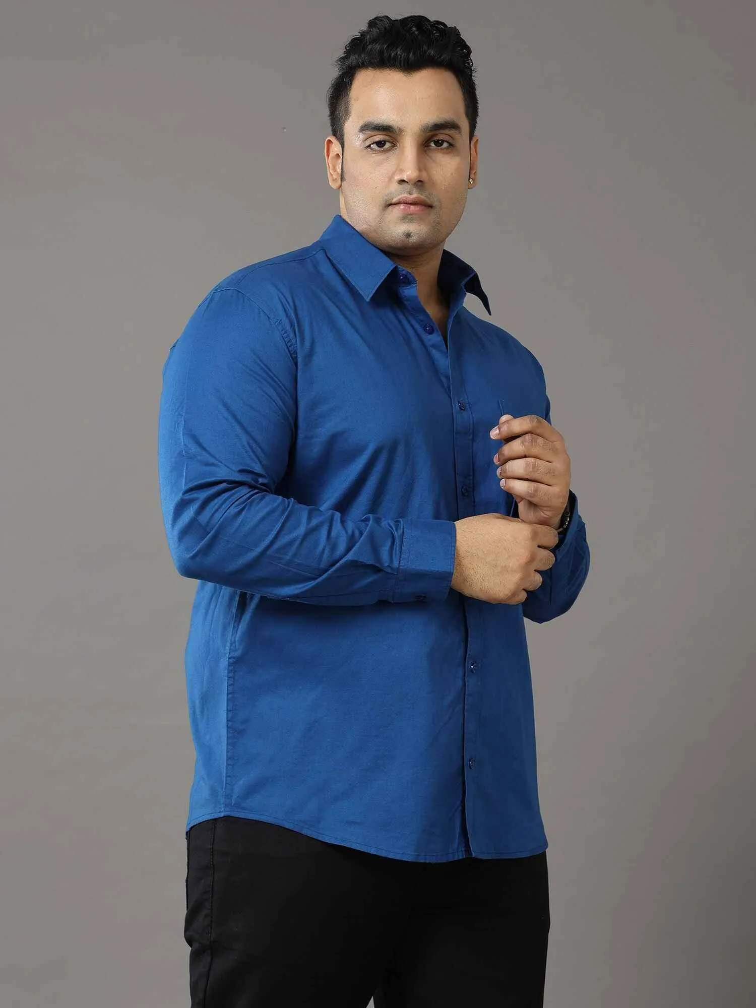 Blue Solid Pure Cotton Shirt Men's Plus Size