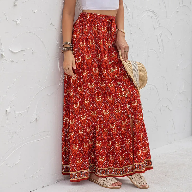 Boho Floral Print Long Skirts With Buttons - 4 colours