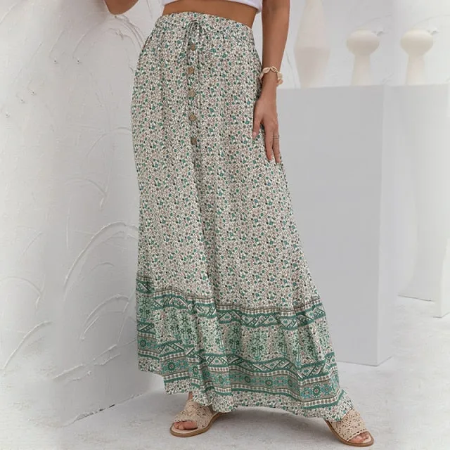 Boho Floral Print Long Skirts With Buttons - 4 colours