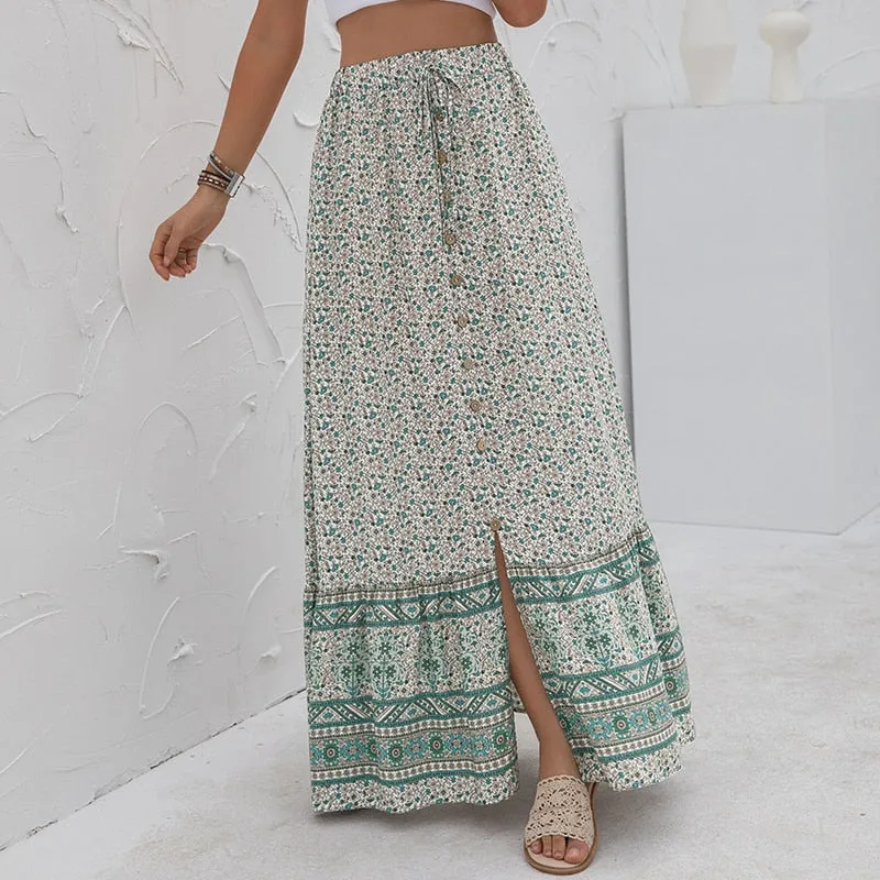 Boho Floral Print Long Skirts With Buttons - 4 colours