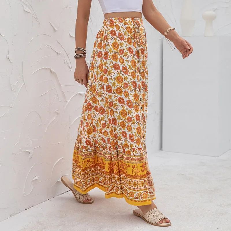 Boho Floral Print Long Skirts With Buttons - 4 colours