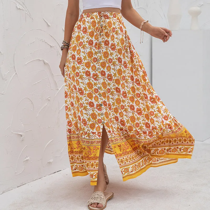 Boho Floral Print Long Skirts With Buttons - 4 colours