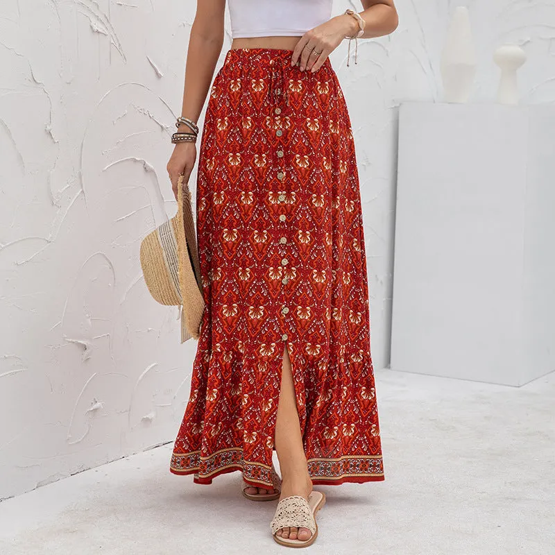 Boho Floral Print Long Skirts With Buttons - 4 colours