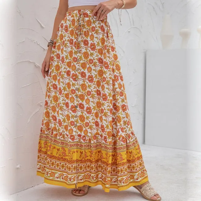 Boho Floral Print Long Skirts With Buttons - 4 colours