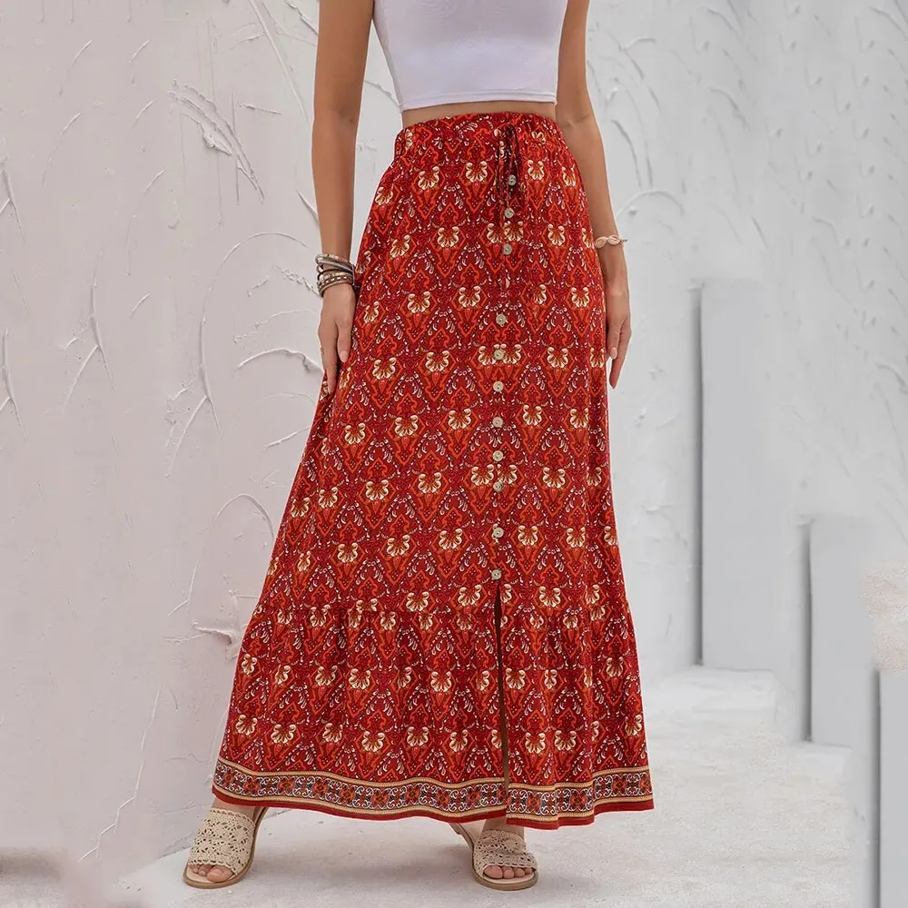 Boho Floral Print Long Skirts With Buttons - 4 colours